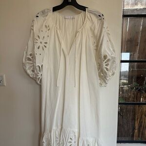 Jonathan Simkhai White linen  big floral eyelet puff sleeve gathered dress sz 14